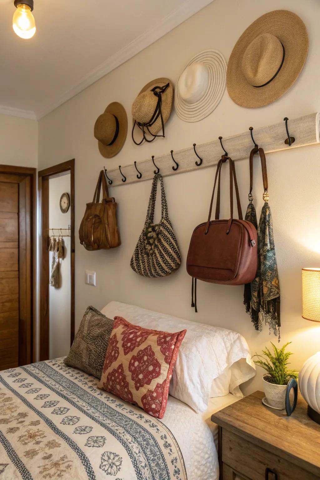 Incorporate both style and functionality using decorative wall hooks.