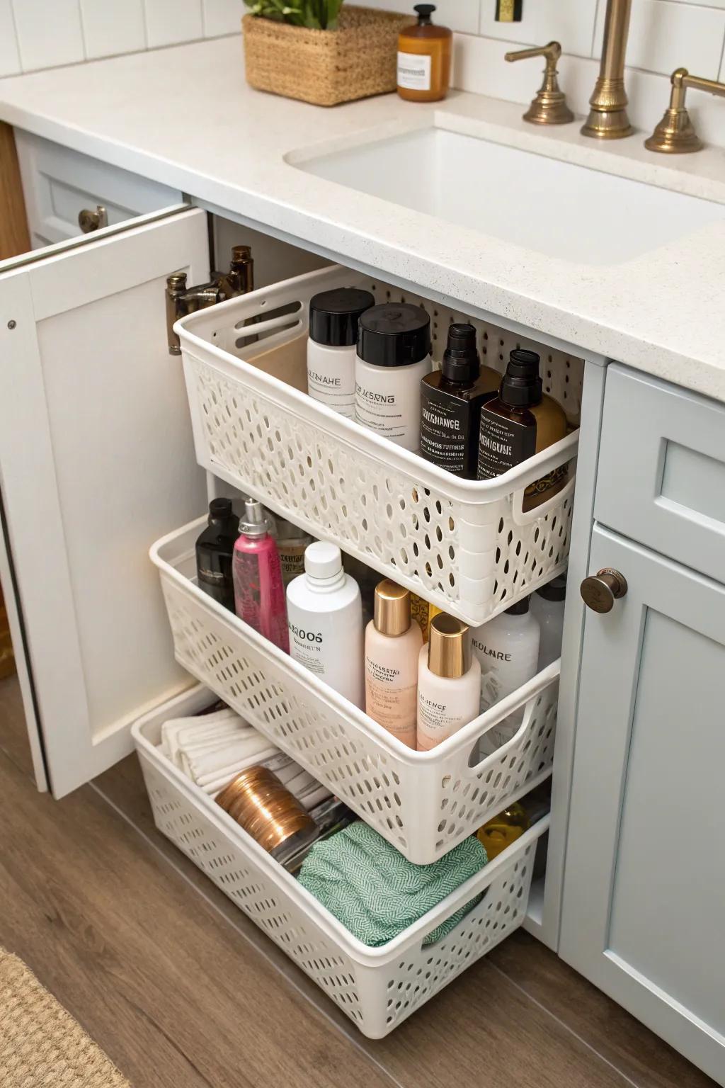 Stackable baskets provide a neat solution for organizing similar items.