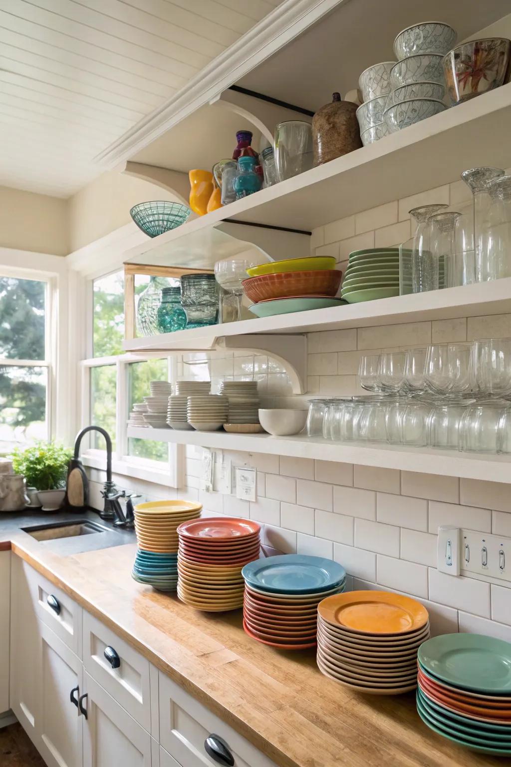 Open kitchen shelves showcase dinnerware beautifully