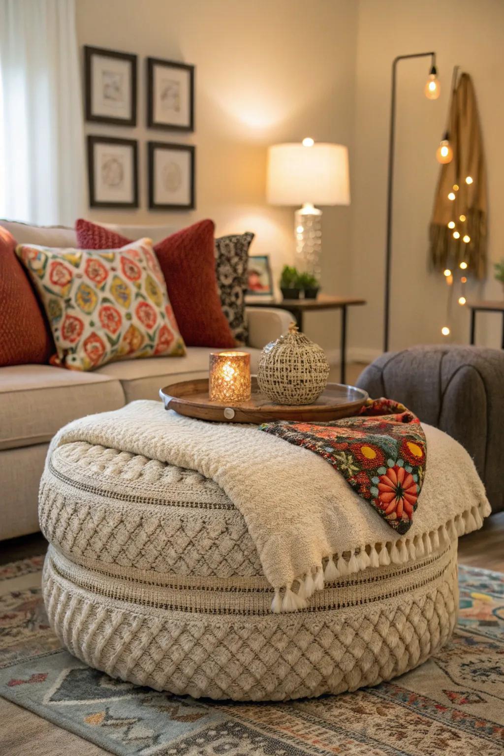 Layered textures on an ottoman add depth and warmth.