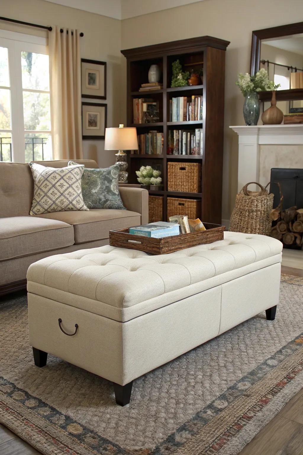 A storage ottoman bench maintains neatness and elegance in living areas.
