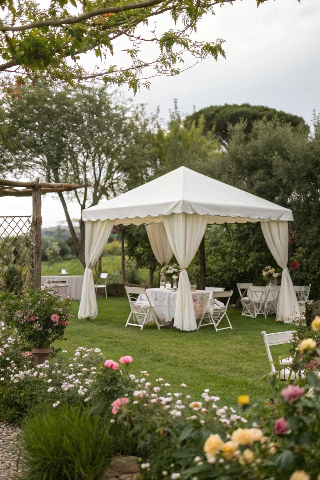 A comfortable draped shelter provides shade and intimacy for outdoor gatherings.