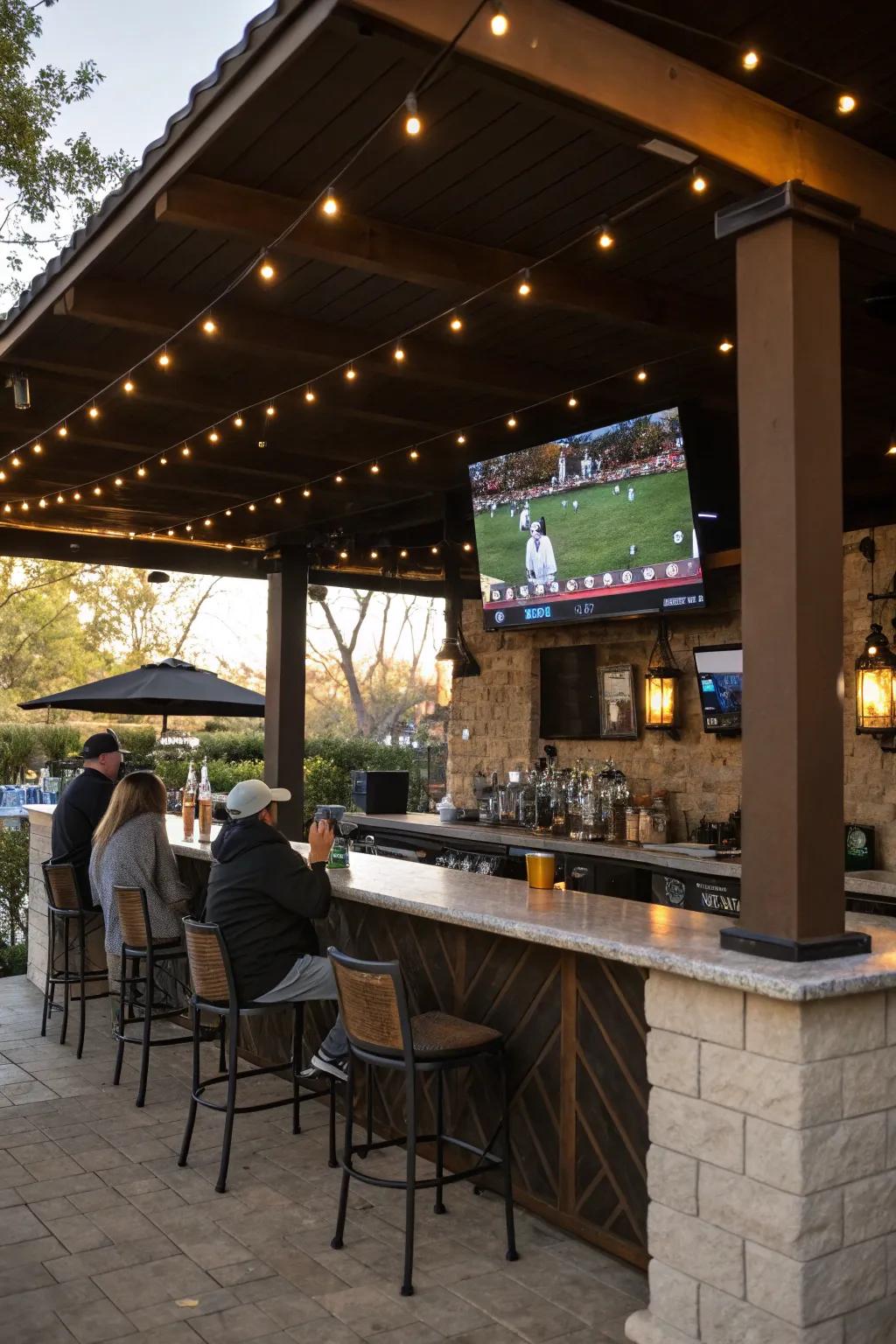 A backyard bar arrangement equipped for entertainment.