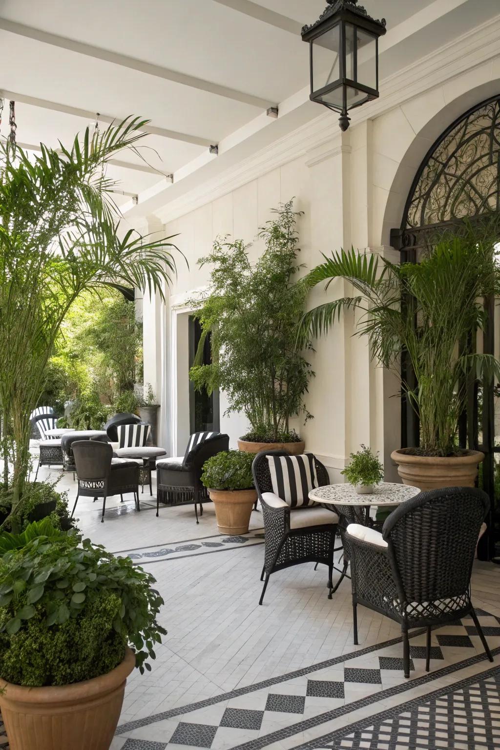 An energetic patio where plants contrast beautifully with the black and white decoration.