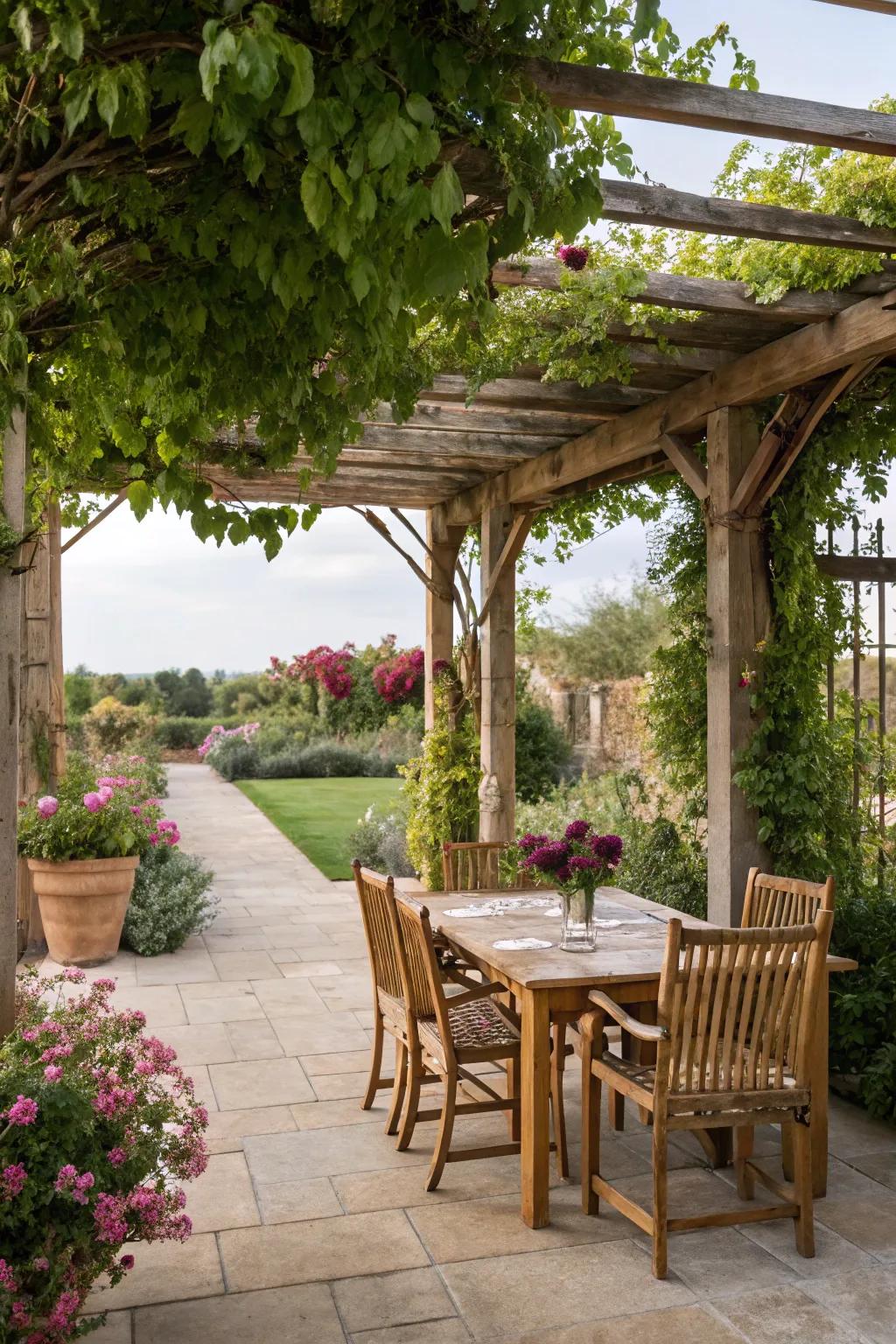 A hardwood pergola delivering shade and style to the garden.