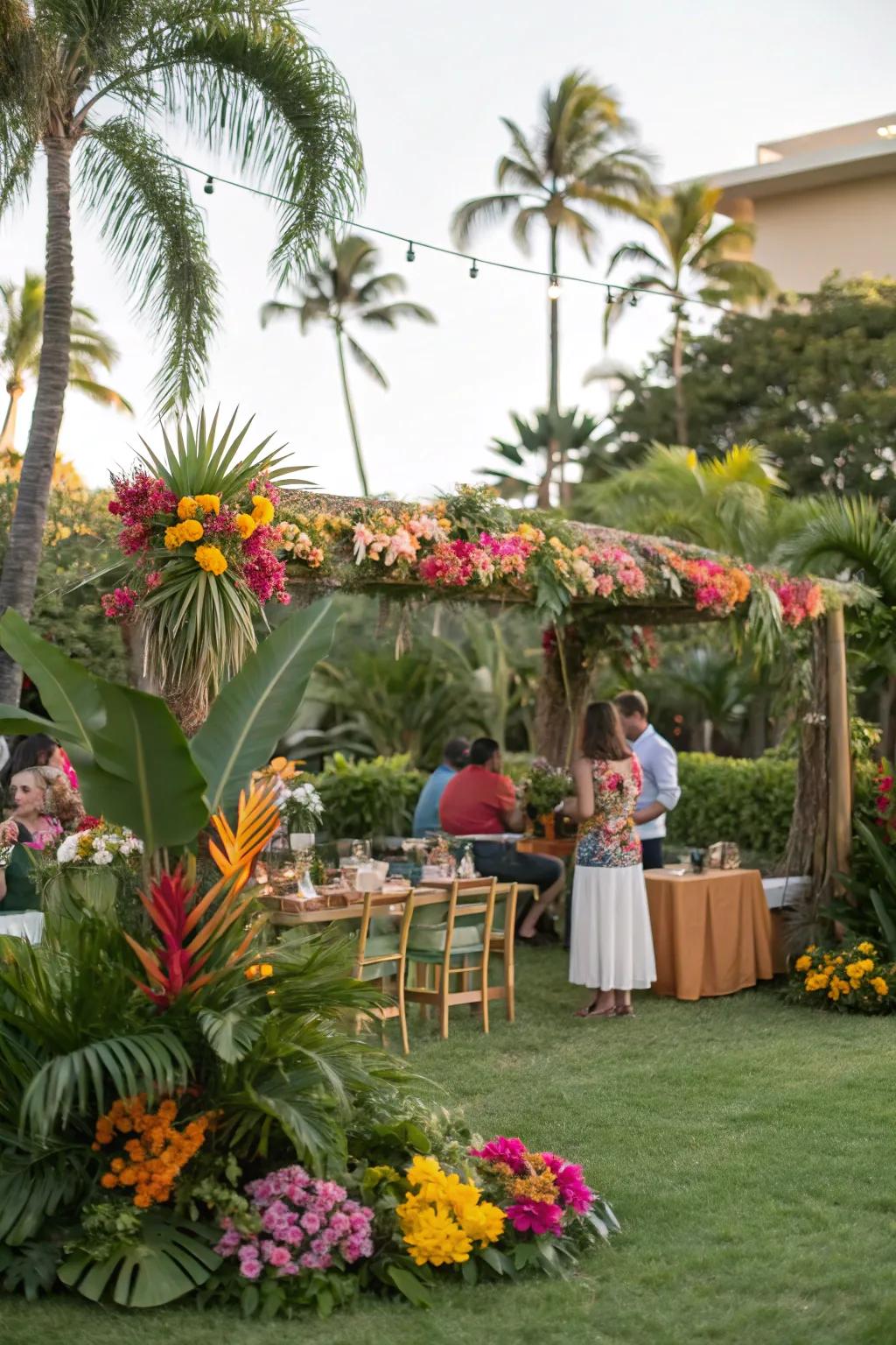 An equatorial hideaway showcasing vibrant blossoms and palm fronds.