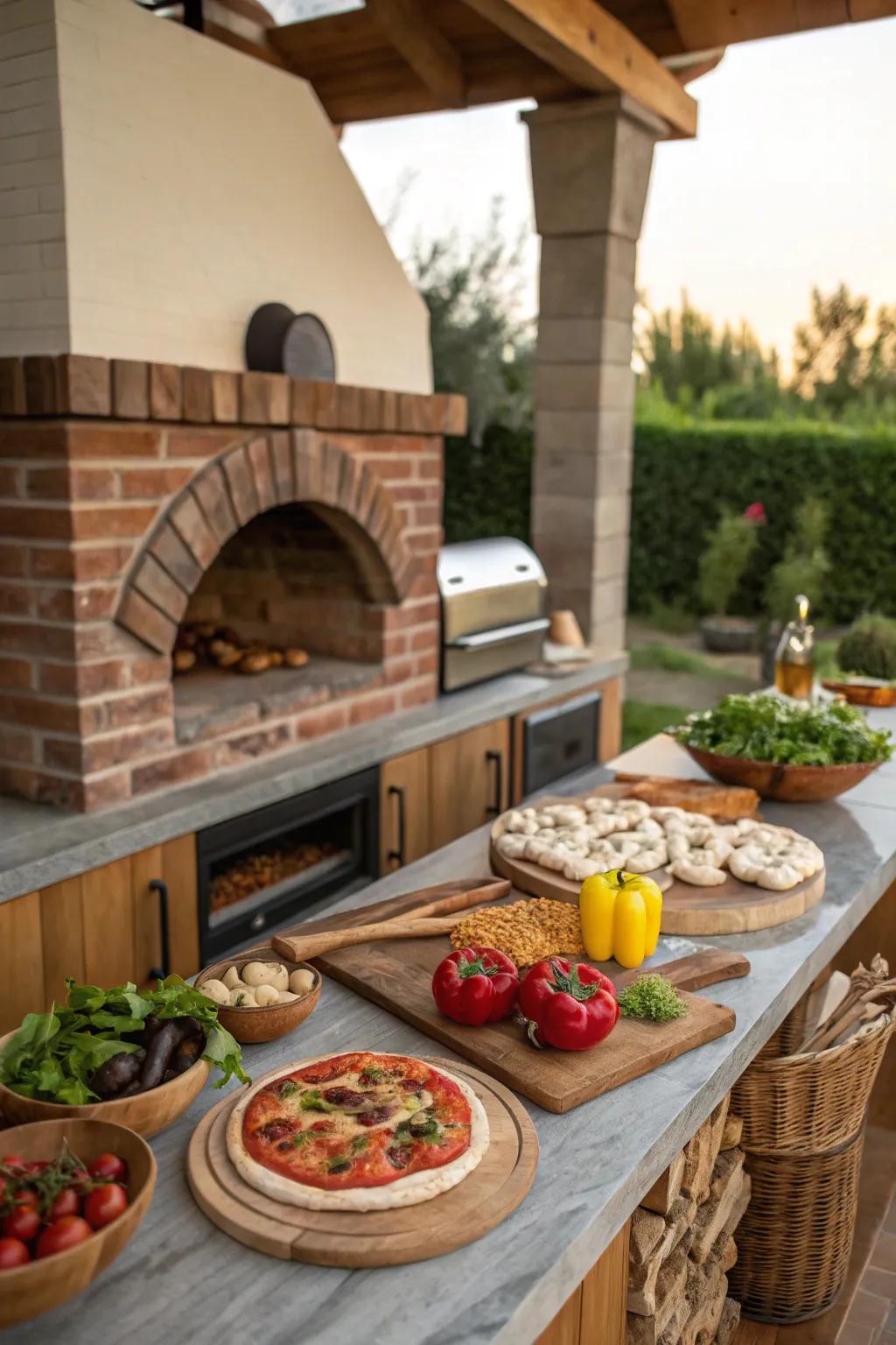 An outdoor kitchen enhanced with a fabulous stone oven.