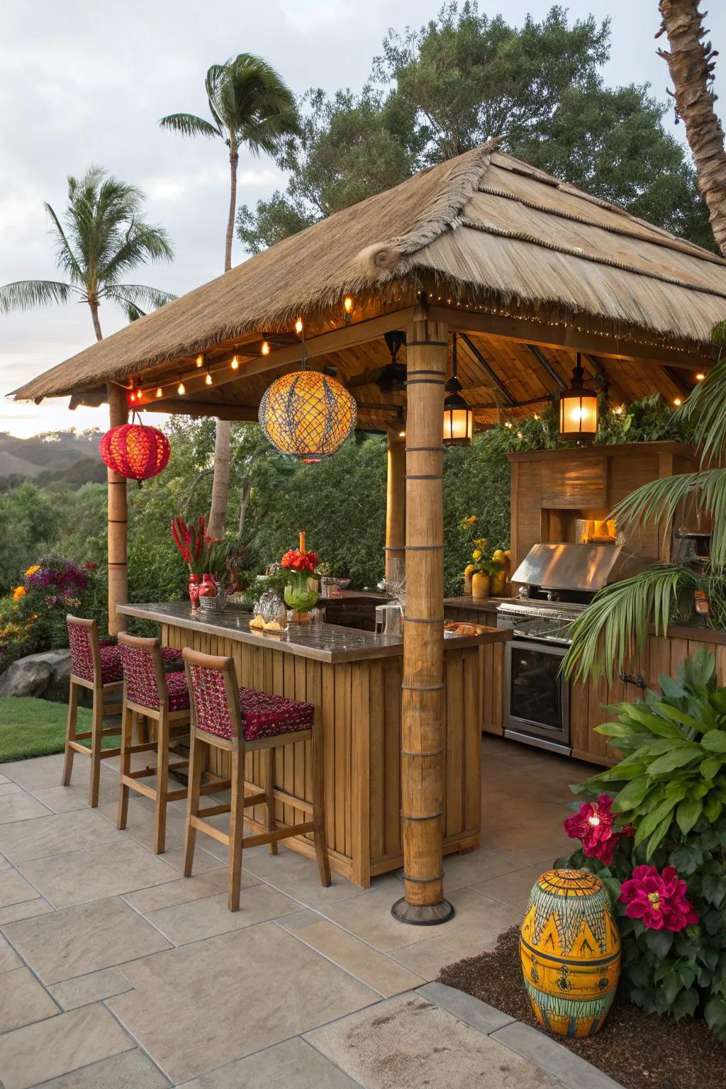 Journey to a tropical setting using a tiki-inspired outdoor cooking gazebo.