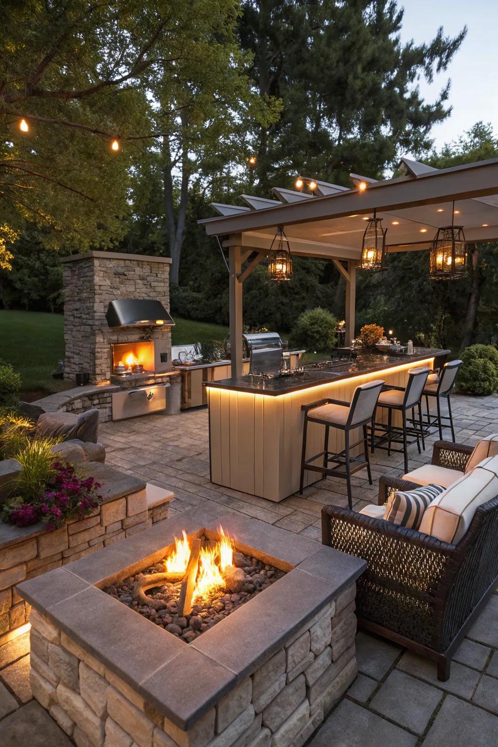 An outdoor kitchen bar featuring a built-in fire pit for warmth and ambiance.