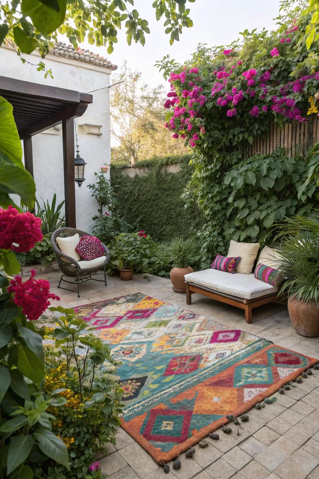 An outdoor rug contributes color and defines your seating zone.