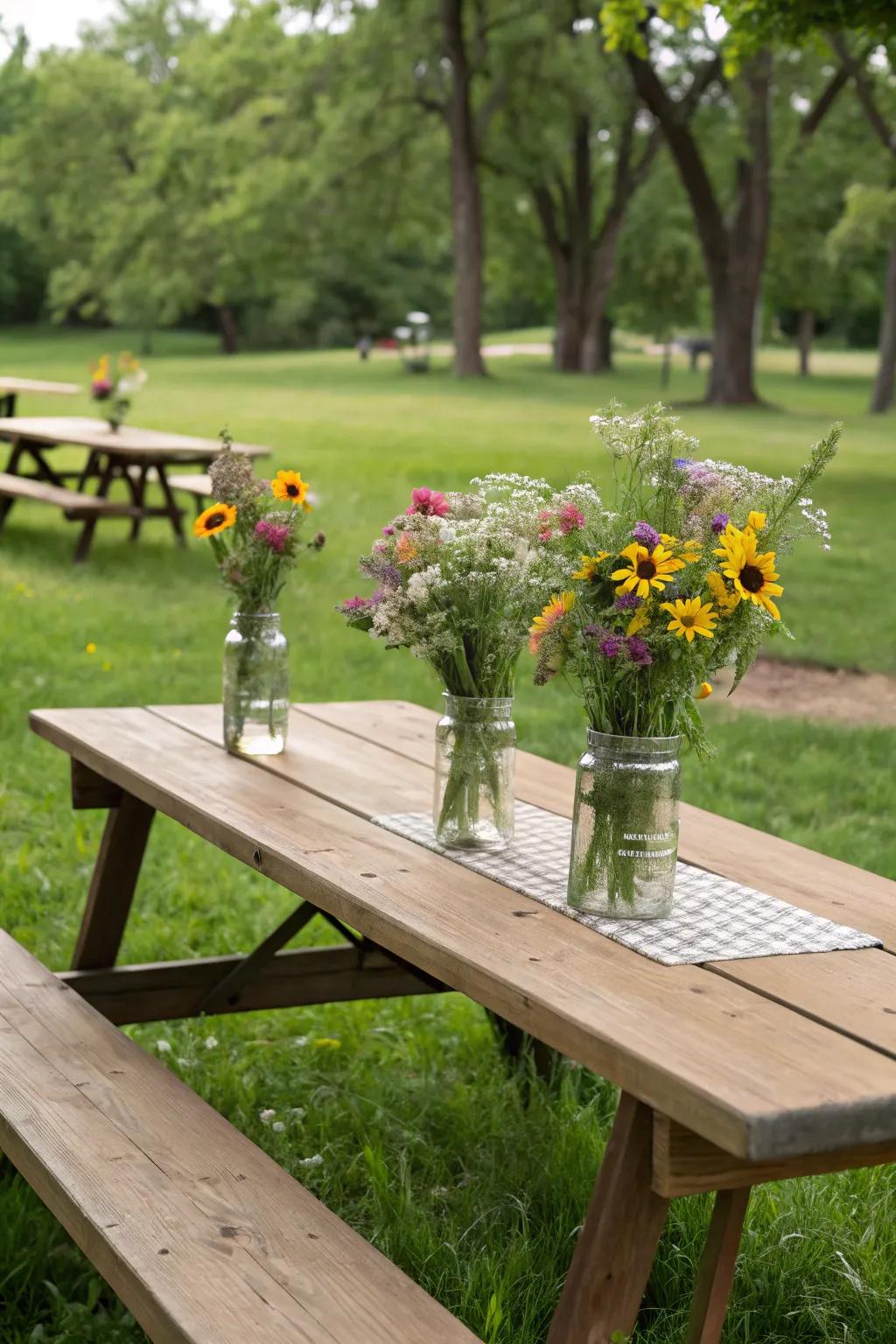 Wildflower arrangements bring a touch of nature to your tables in the park.