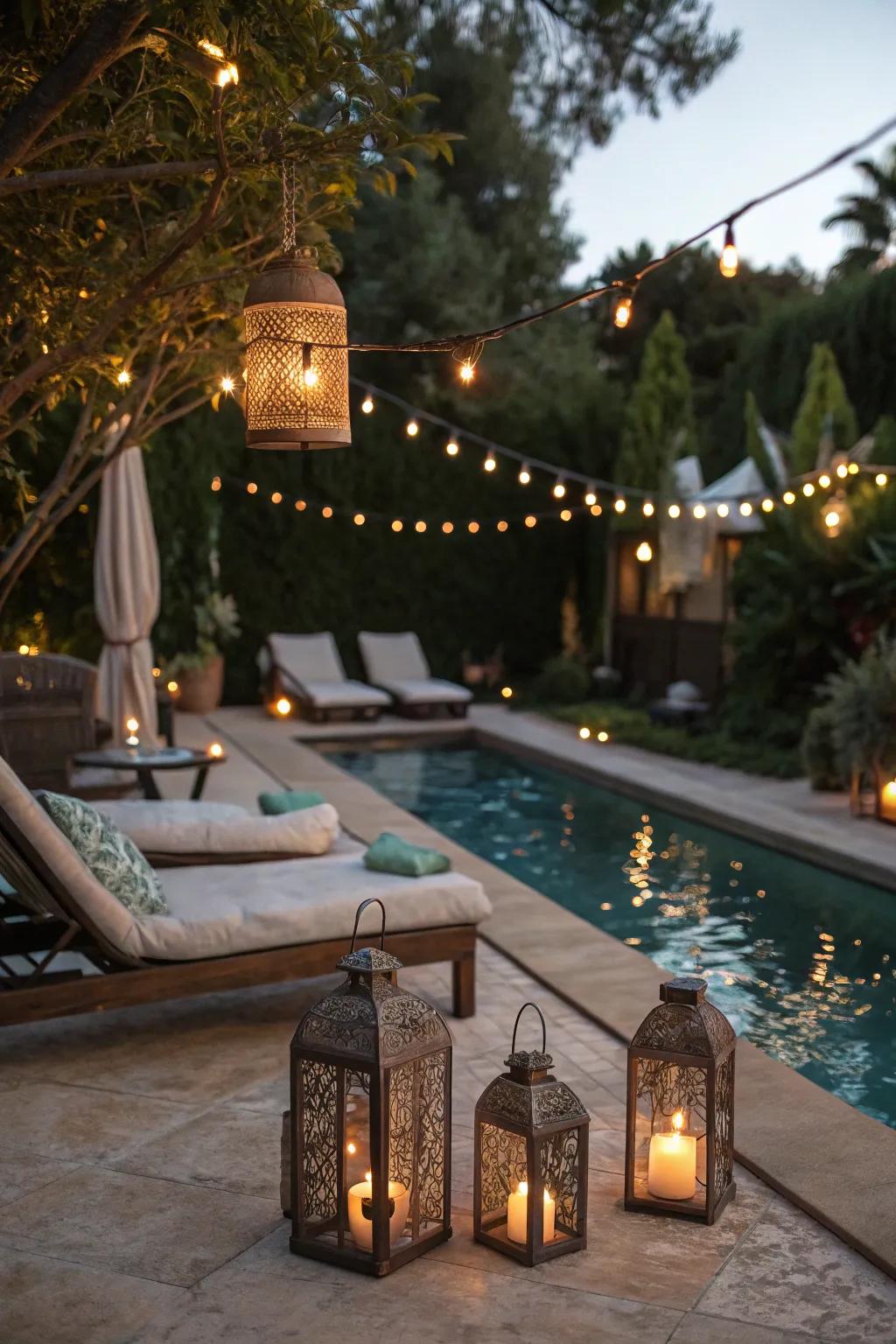 Gentle lighting transforms your poolside into an enchanting evening escape.