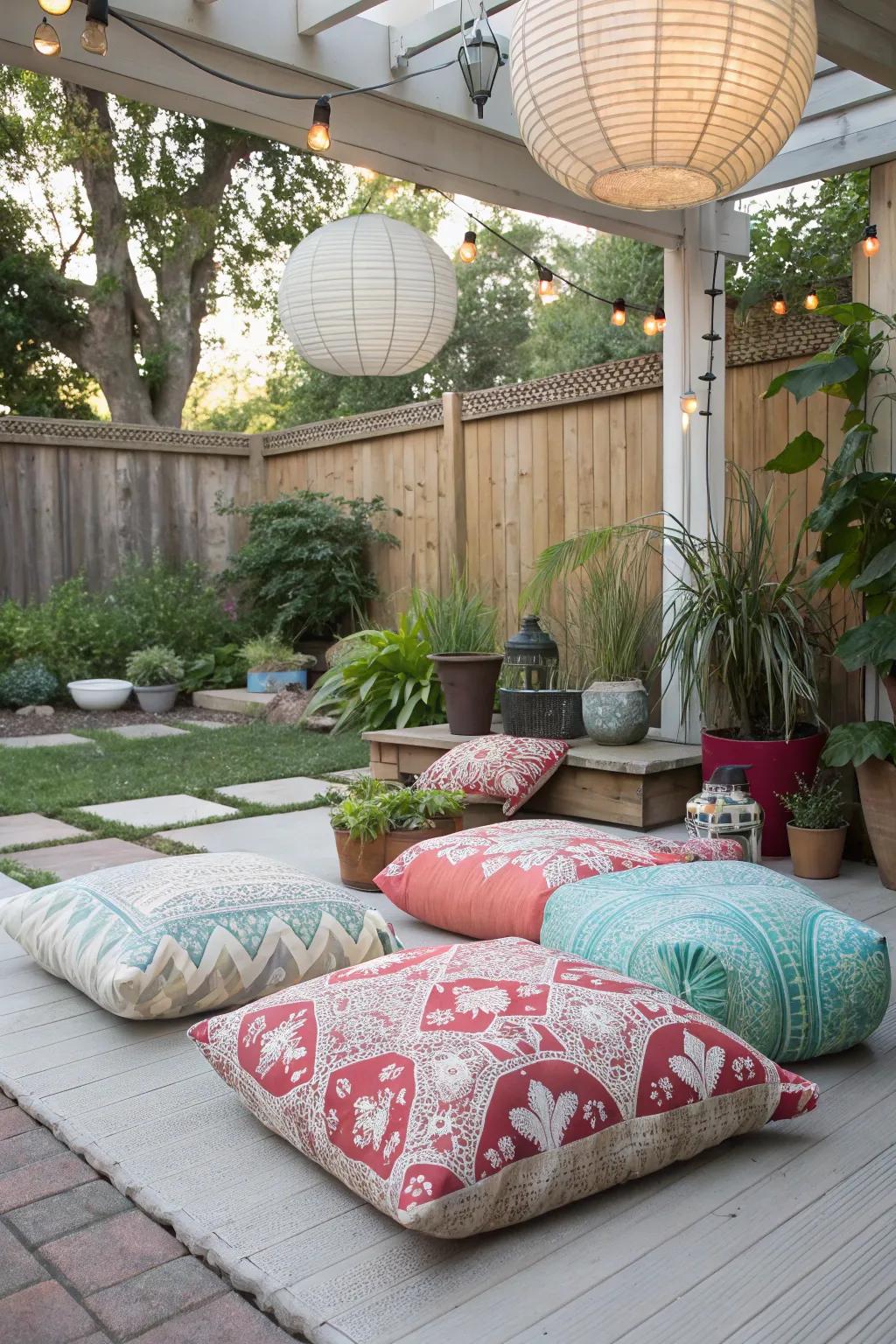 Pouf seats bring a relaxed, bohemian touch to any outdoor setting.