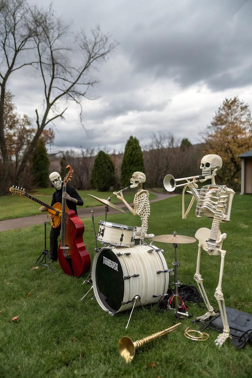 A rockin' <strong><em>skeleton band</em></strong> performance in the yard.&rdquo; loading=&rdquo;lazy&rdquo; class=&rdquo;pimg&rdquo;>
	</picture><figcaption>A rockin&rsquo; <strong><em>skeleton band</em></strong> performance in the yard.</figcaption></figure>
<p>Create a rockin&rsquo; Halloween scene with a <strong><em>skeleton band</em></strong> jamming out. Pose them with various musical instruments for a lively yard concert.</p>
<h3>Might be a good match:</h3>
<ul class=