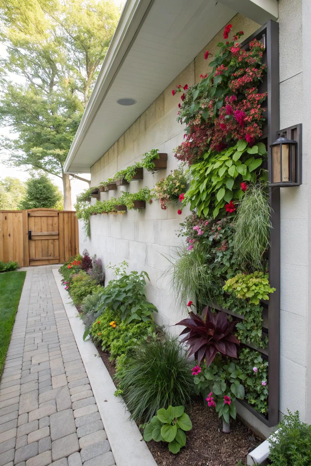 Tiered gardens breathe life and color into exterior walls.