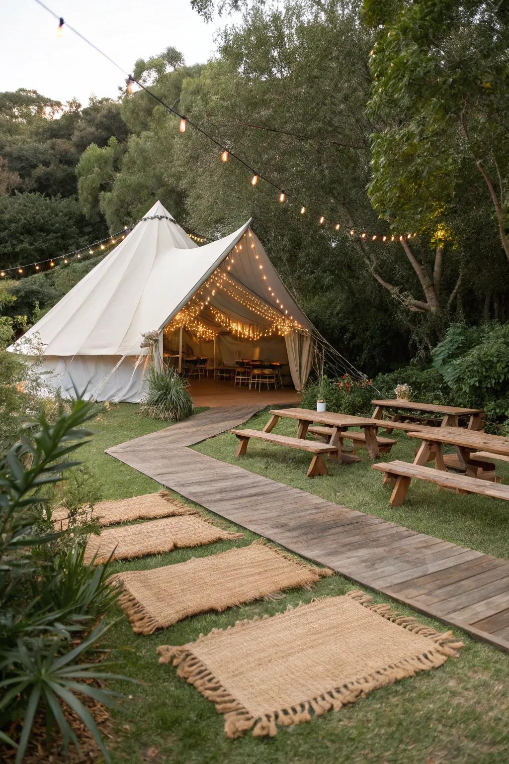 Natural fiber floor coverings bring a countryside charm to open-air spots.