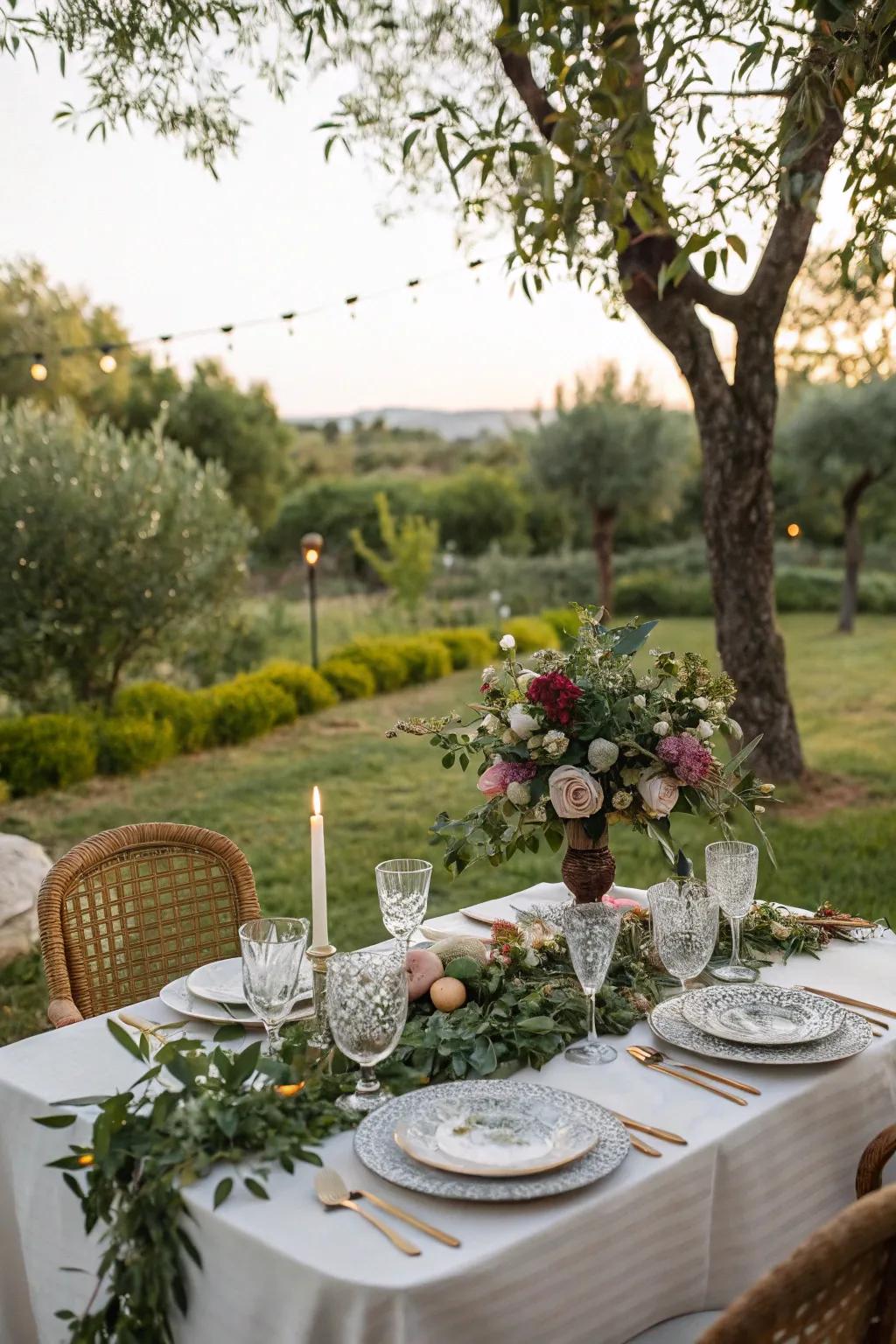 A nature-centric tablescape nestled among lush vegetation.