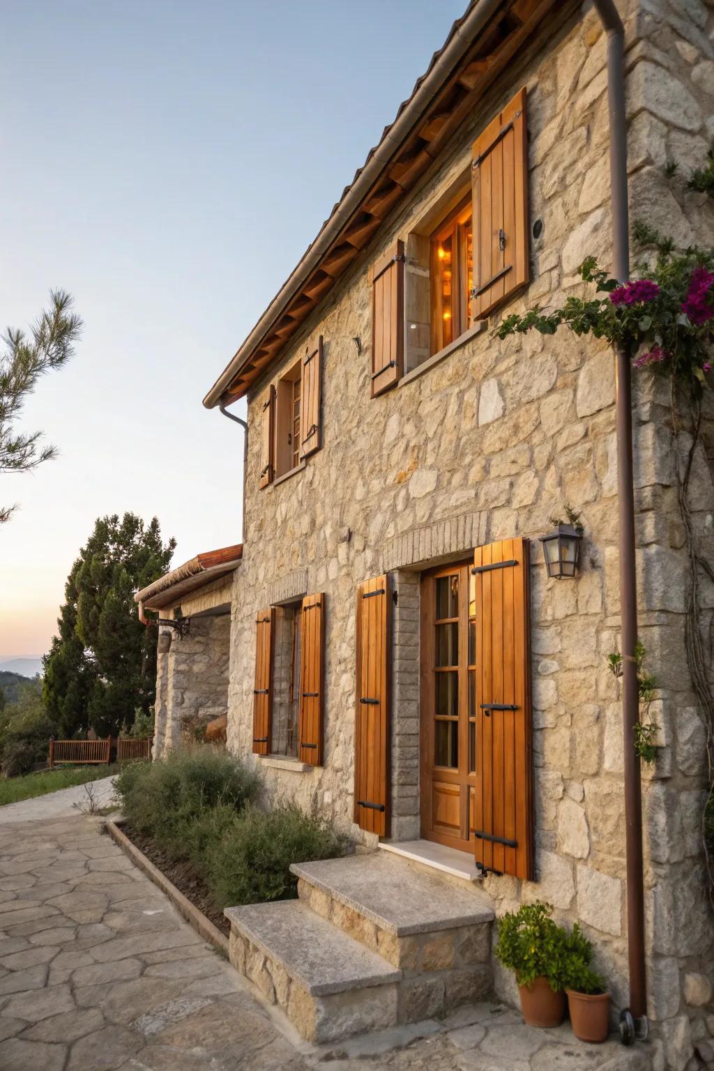 Stone dwelling featuring warm natural wood blinds.