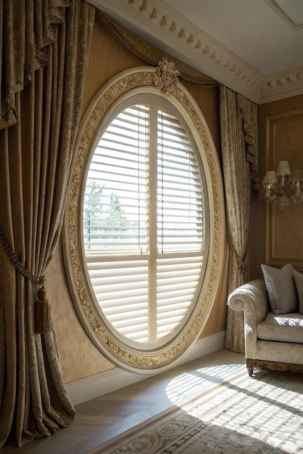 A decorative border with integrated blinds enhances the window's charm.