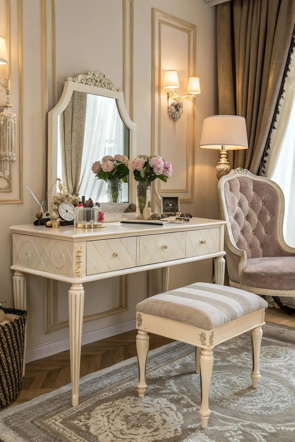 A lavish dressing stand introduces a dose of sophistication into your personal quarters.