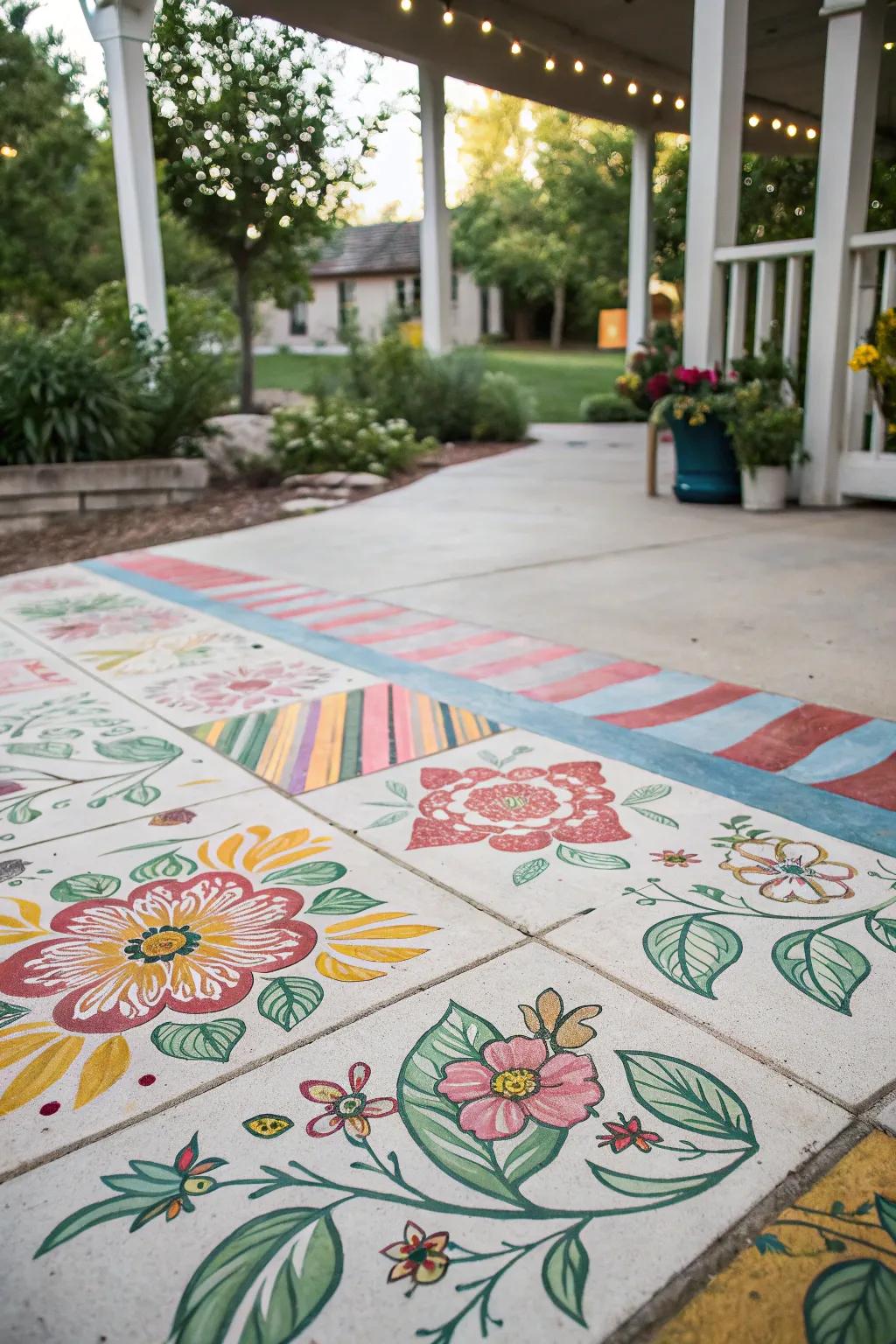 A patio with mixed patterns that conveys a distinctive artistic character.
