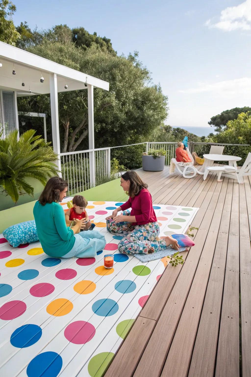 A playful polka dot pattern on a patio, making it a welcoming area for families.