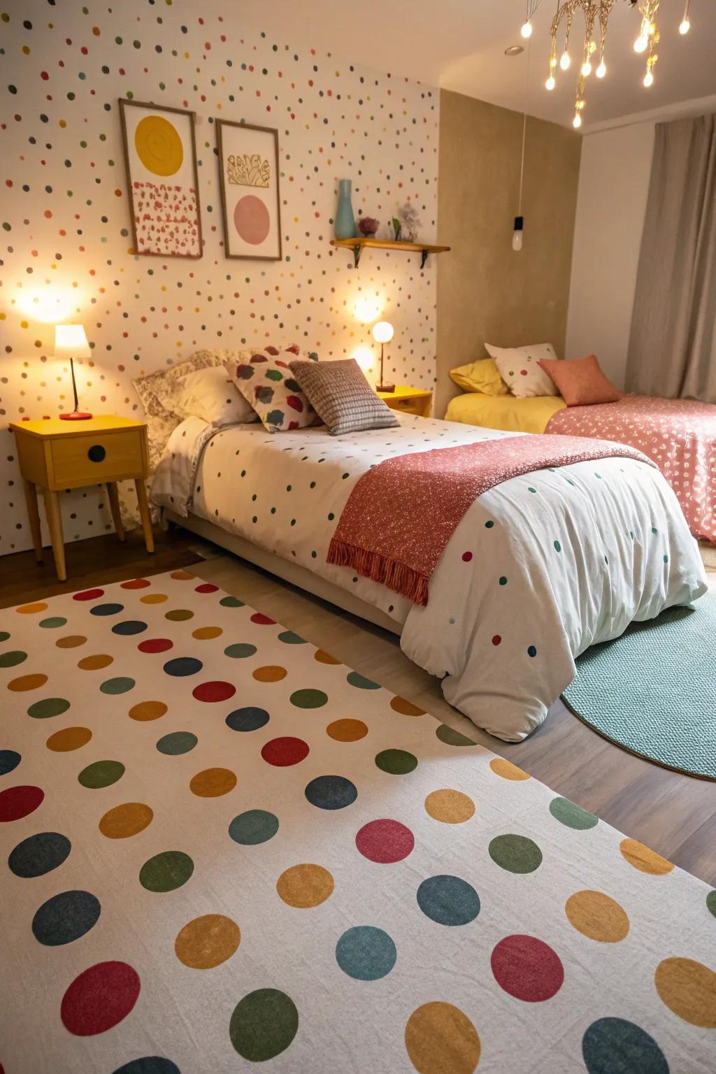 A spare bedroom featuring playful dot painted floors, delivering a lively and inviting ambiance.