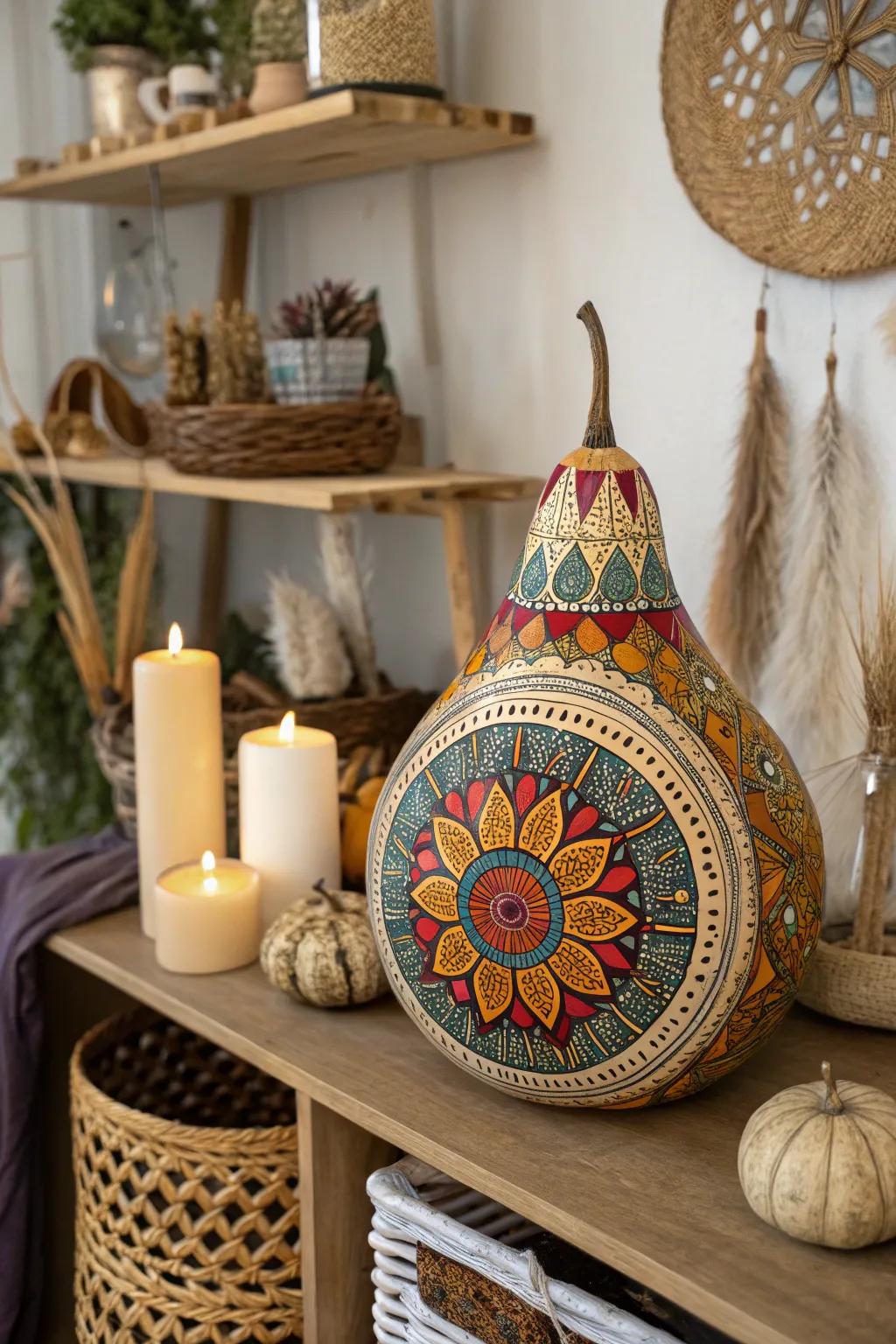 A boho refined gourd adorned with mandala art.