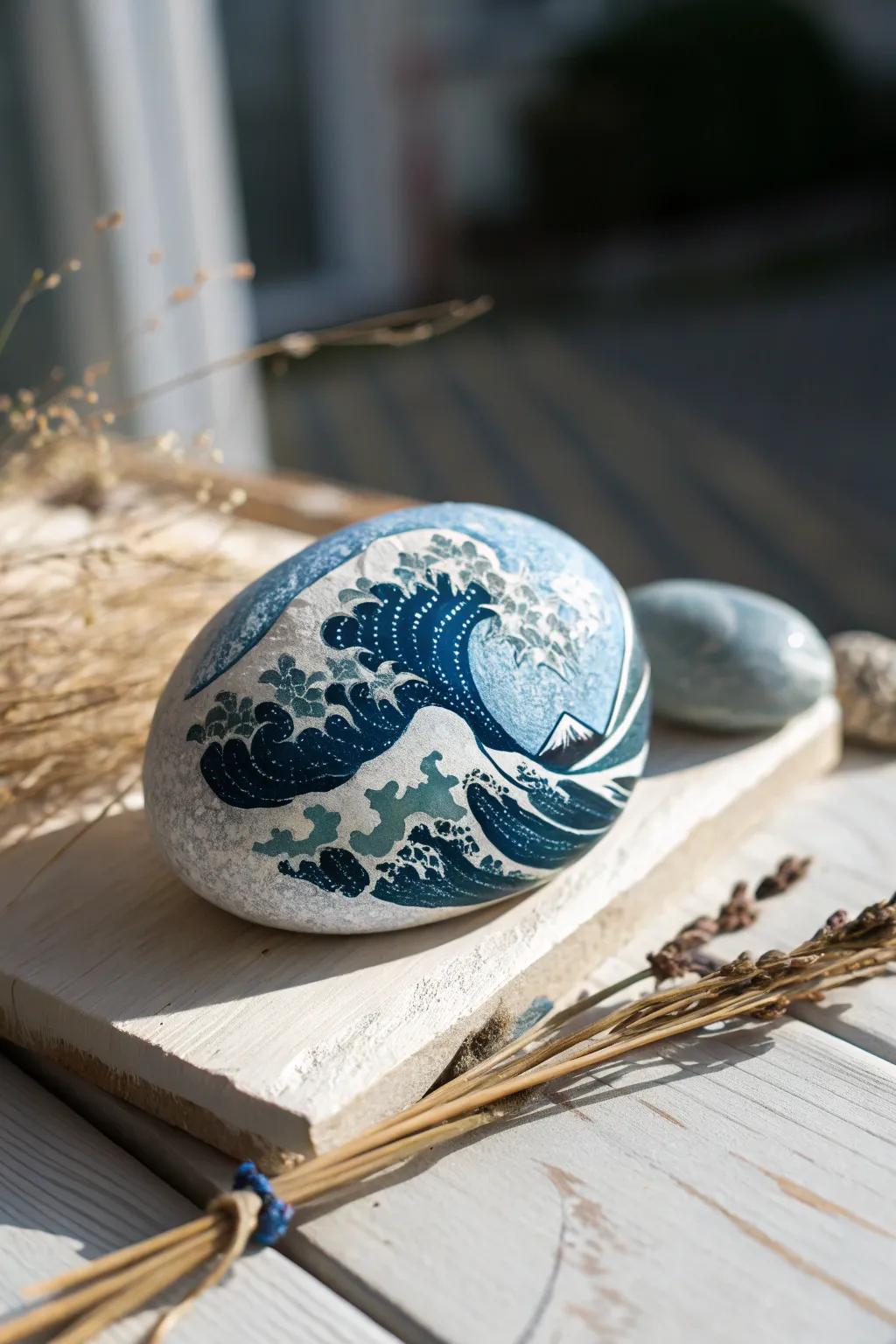 Capture the serenity of the sea with this exquisitely designed ocean swell painted stone.