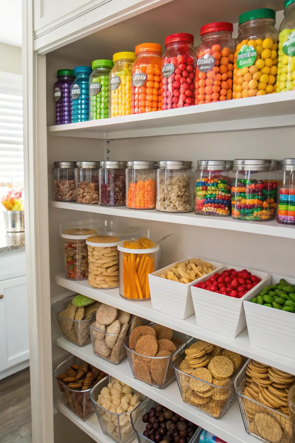 Color-marked zones contribute a playful and structured nuance to snack arrangement.
