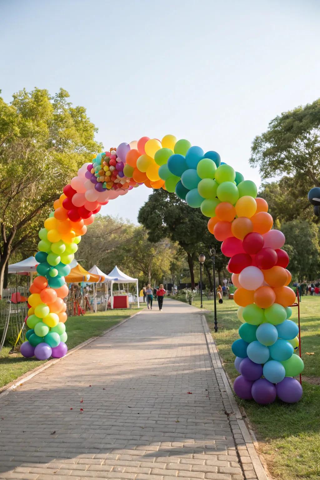 A vibrant balloon archway signals a festive welcome.