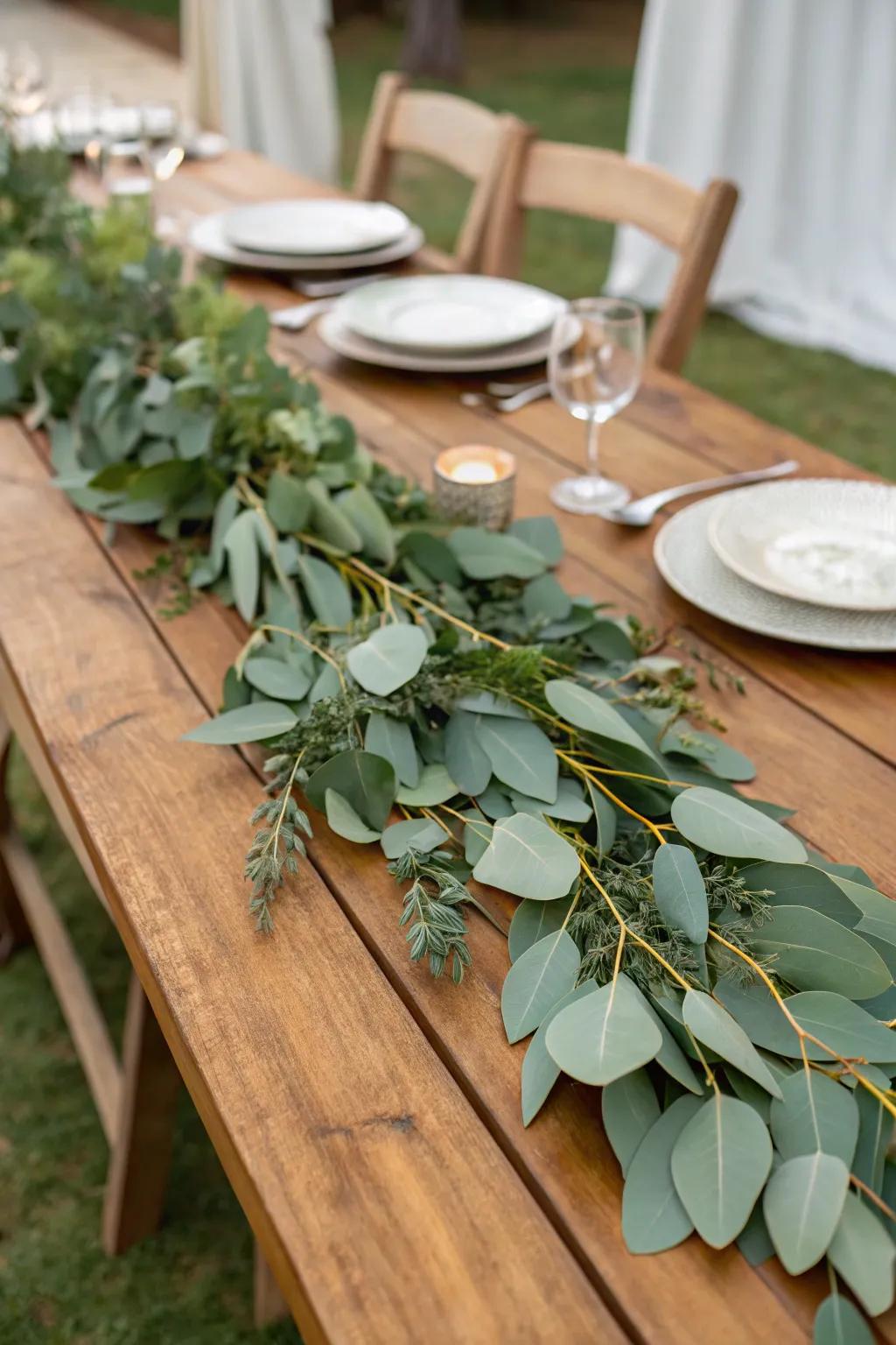 An abundant greenery centerpiece featuring eucalyptus.