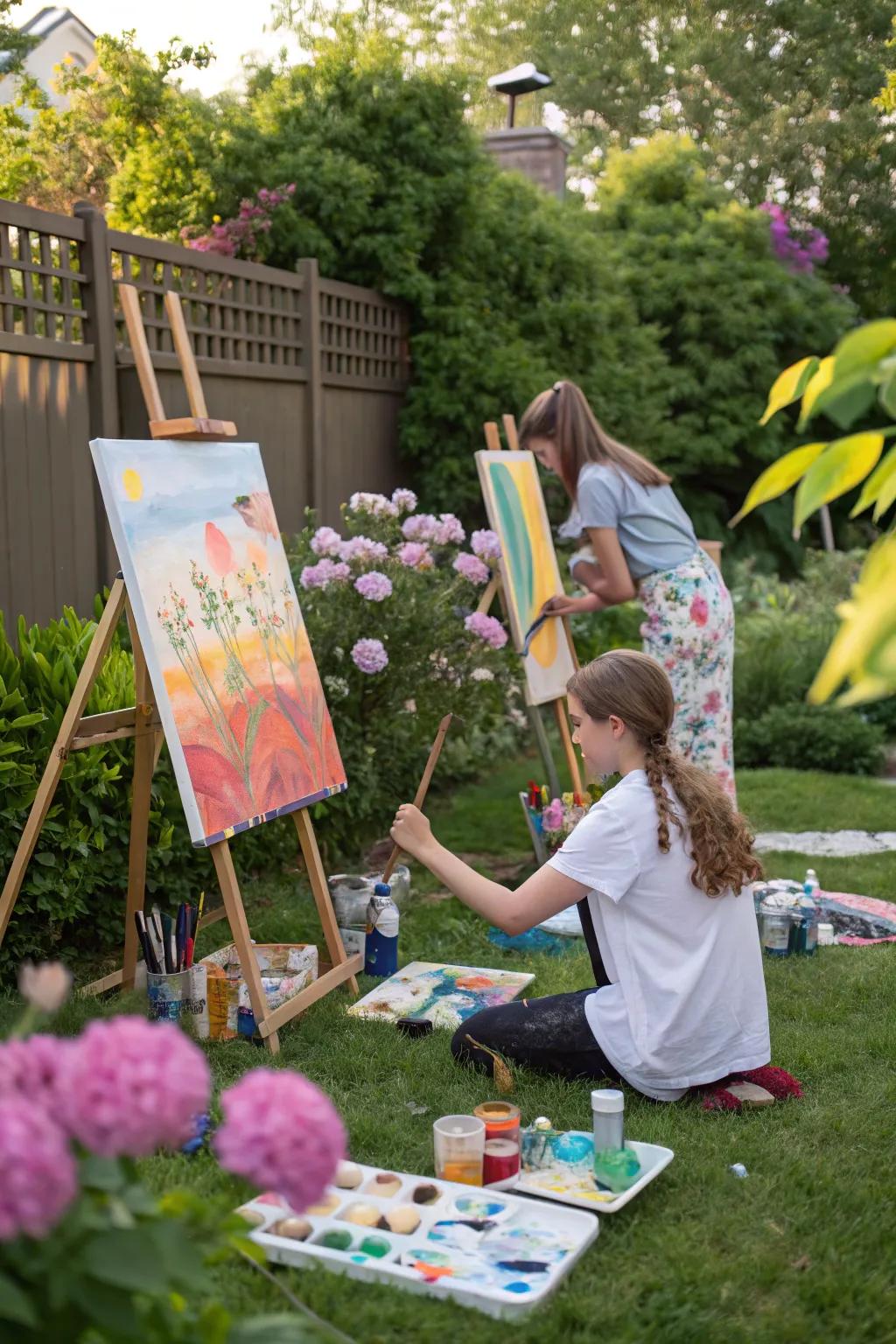 Teens expressing creativity at an outdoor art creation party with vibrant colors.