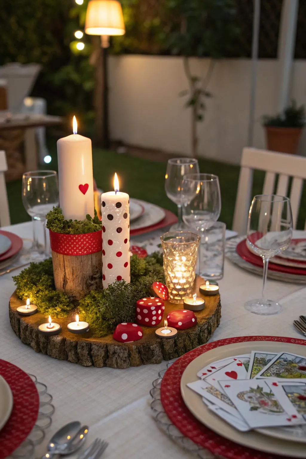 An imaginative centerpiece showcasing candles and themed decorations