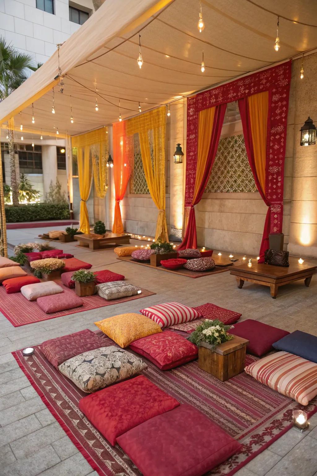 Inviting seating plans with soft supports and floor covers at a rice-feeding ceremony.