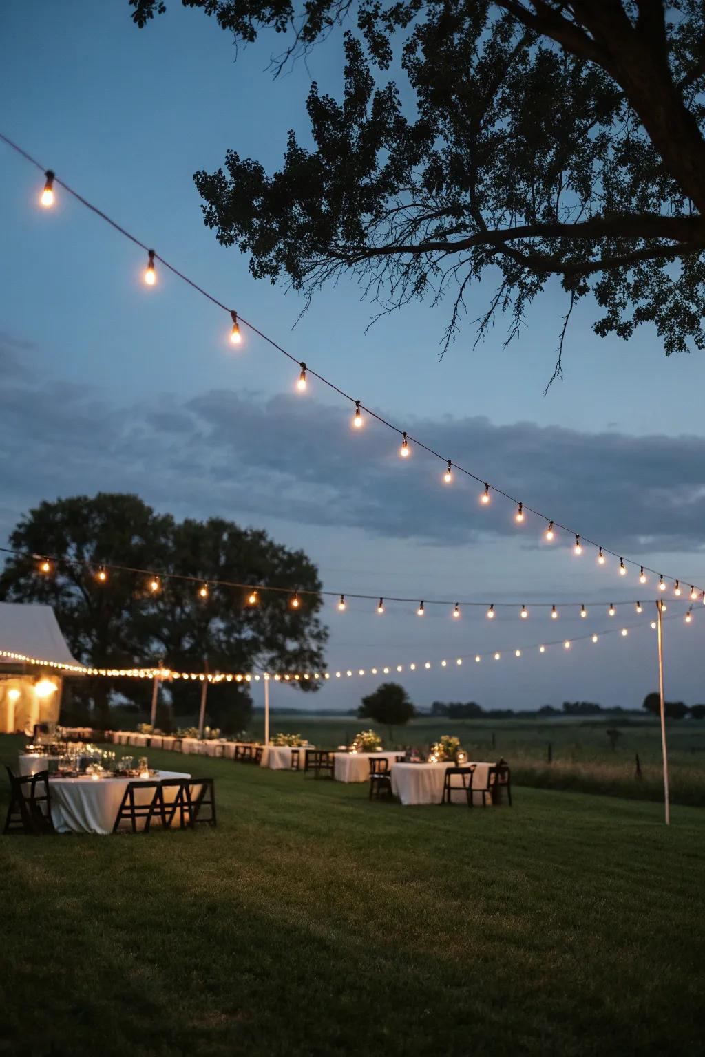 Tiny lights add a magical shine to the pasture party.
