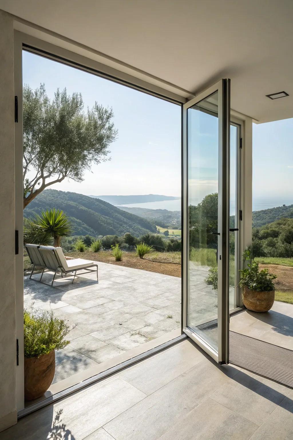 Frameless glass doors unite contemporary layout with continuous vistas.