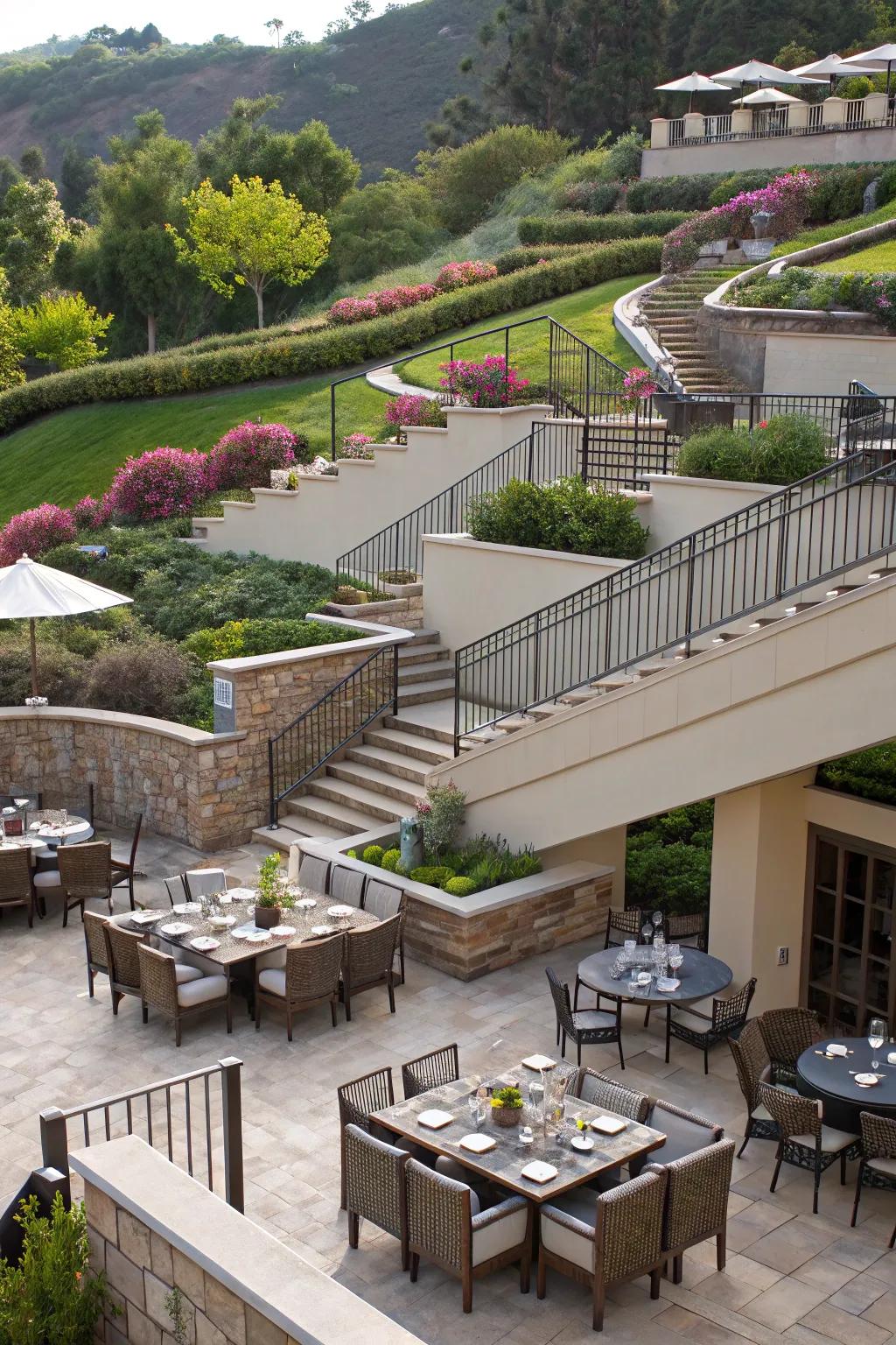 Split-level patios offer diverse areas for assorted activities.
