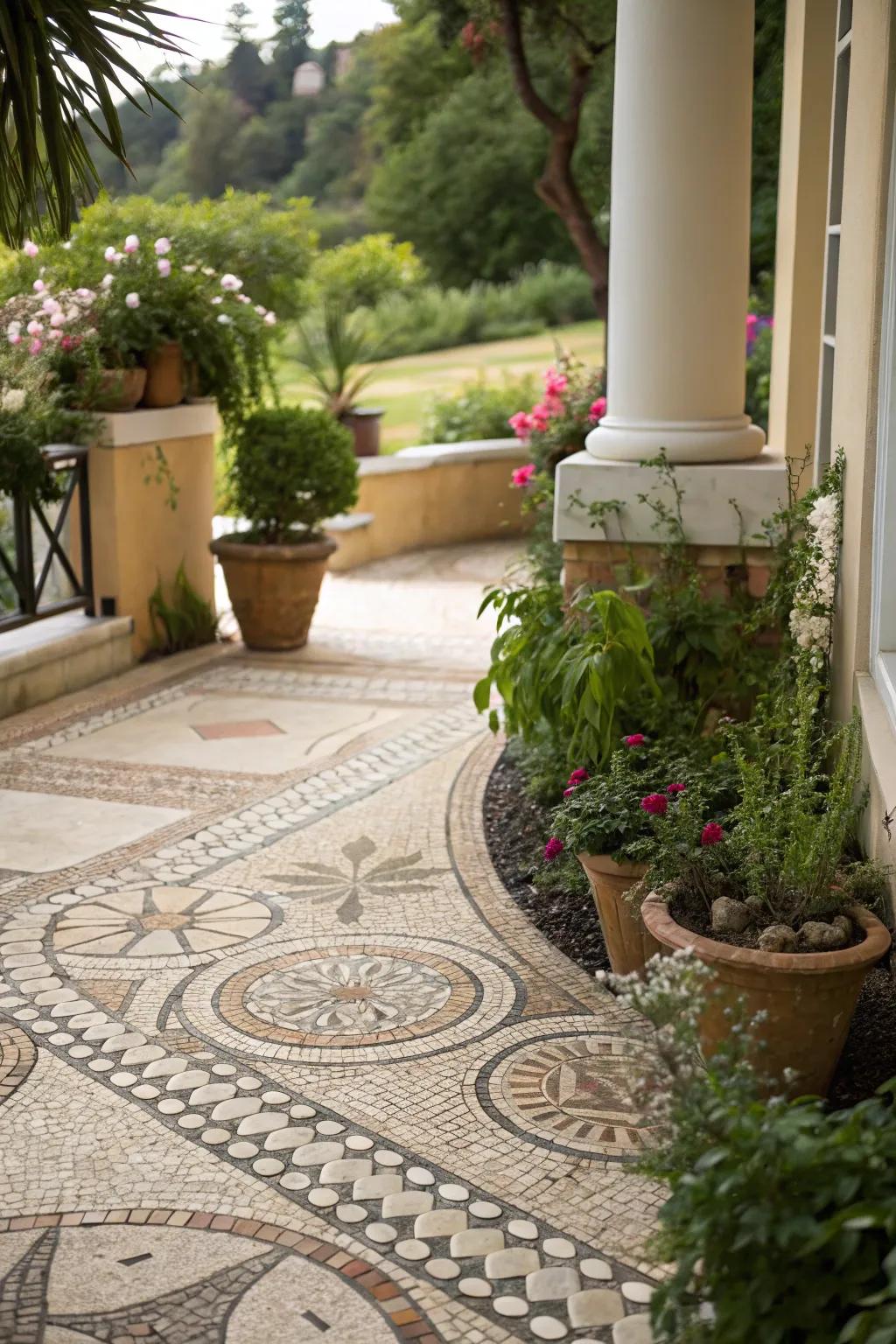 Stone mosaics add artistic flair and texture.