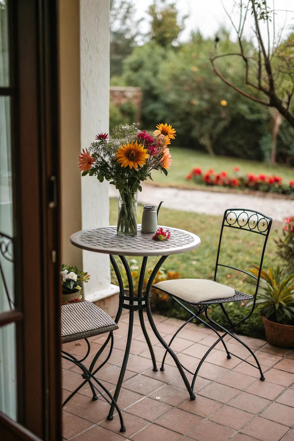 Bistro sets impart charm to small-sized spaces.