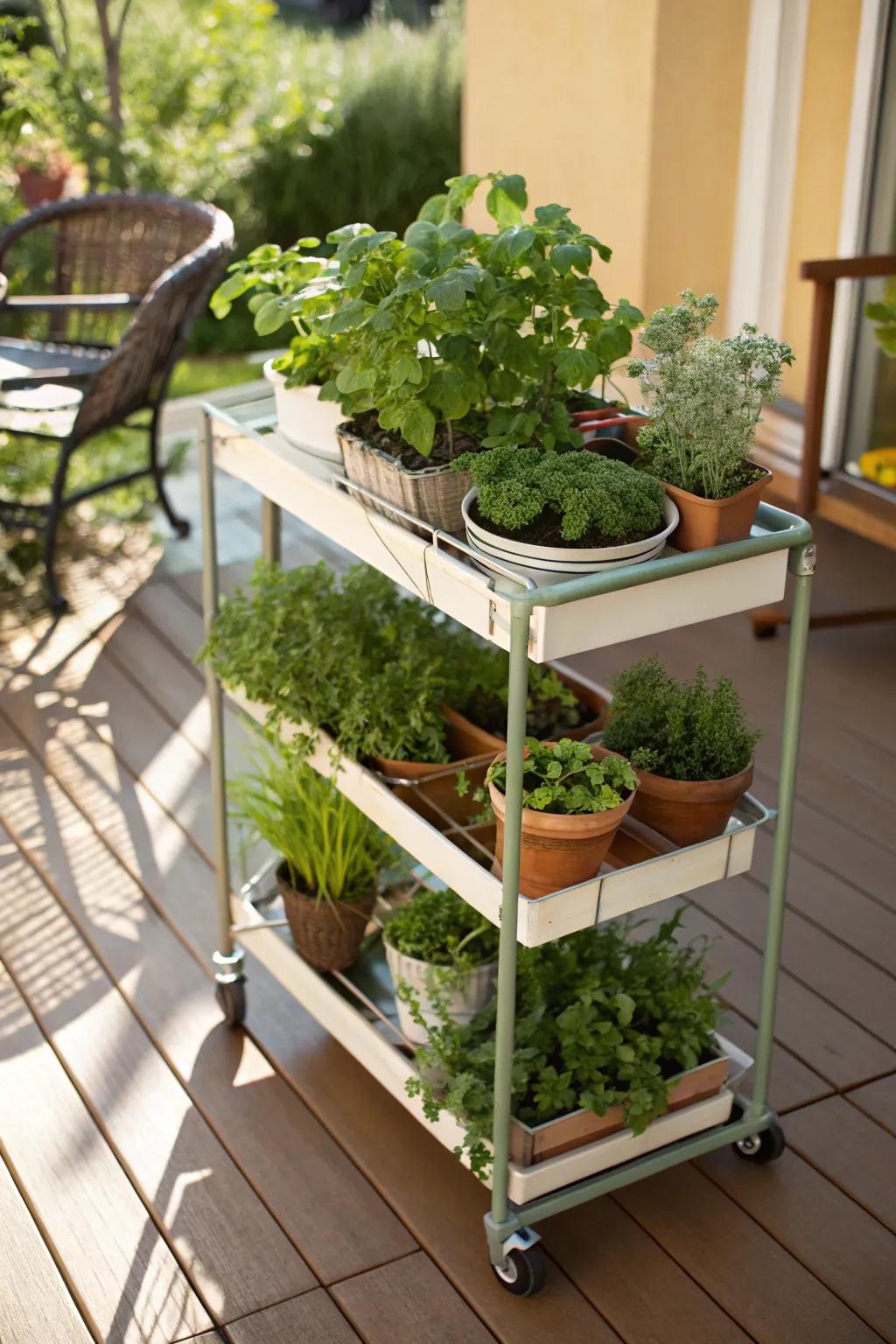 Movable herb trolley for flexible greenery.