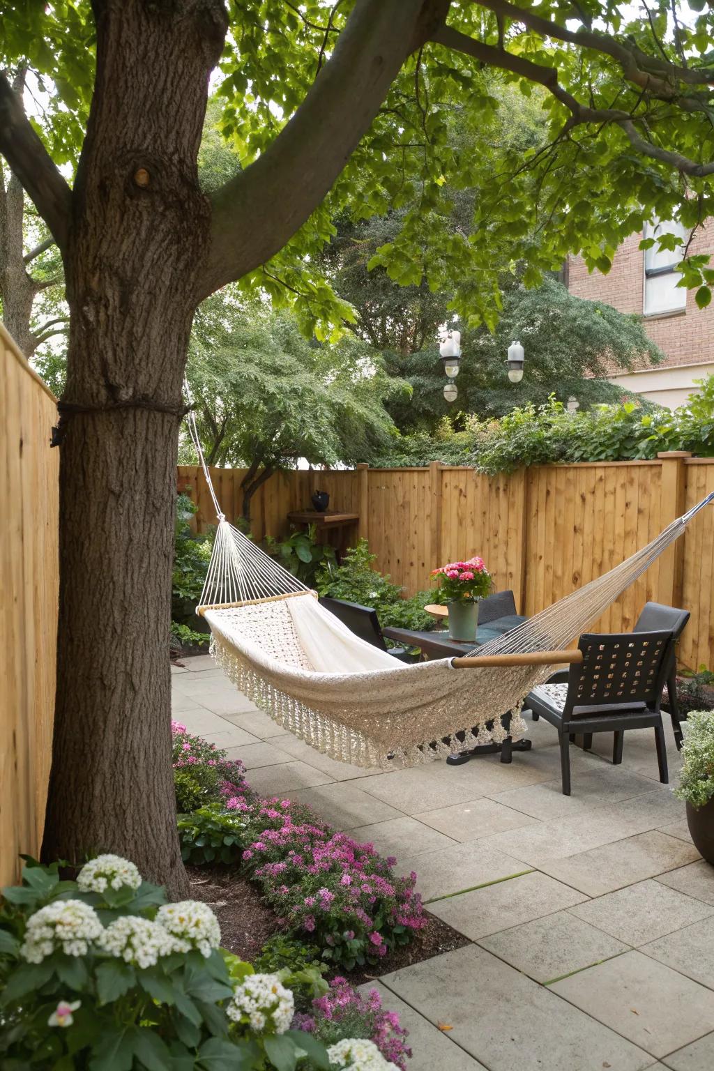 A swing bed providing a calm retreat on a tree-shaded patio.
