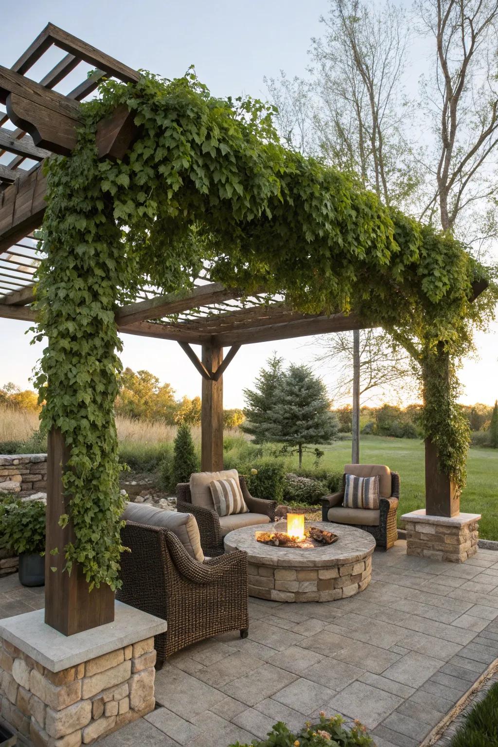 A pergola imparts class and comfort to your firepit zone.
