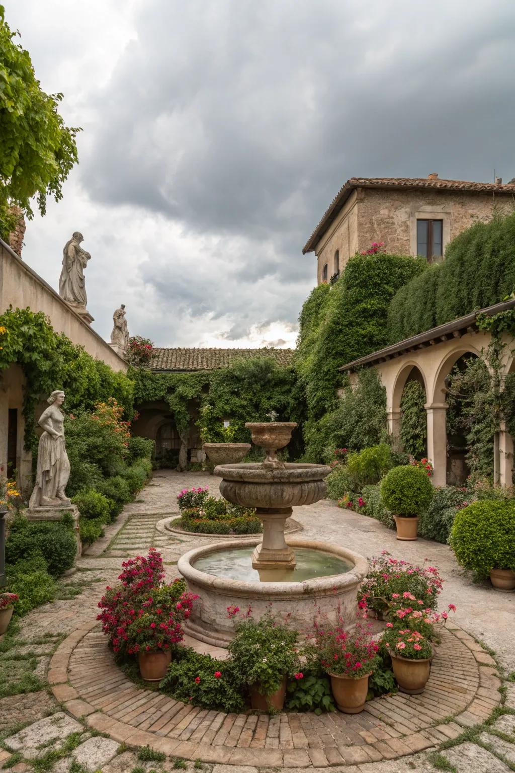 A water fountain elevates the tranquil ambiance of this courtyard.