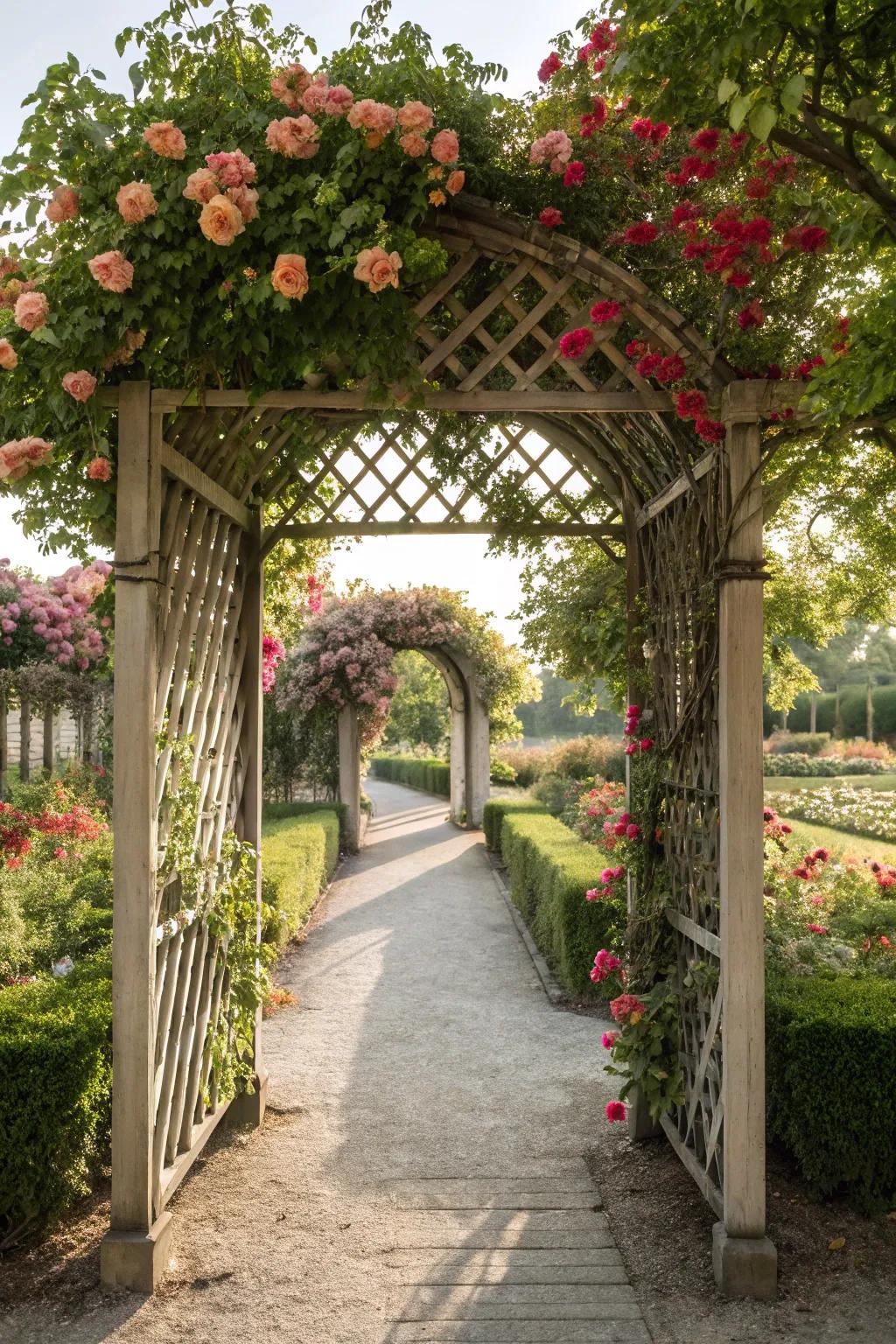 A vine-encircled openwork bower fashions a welcoming entry to your garden trail.