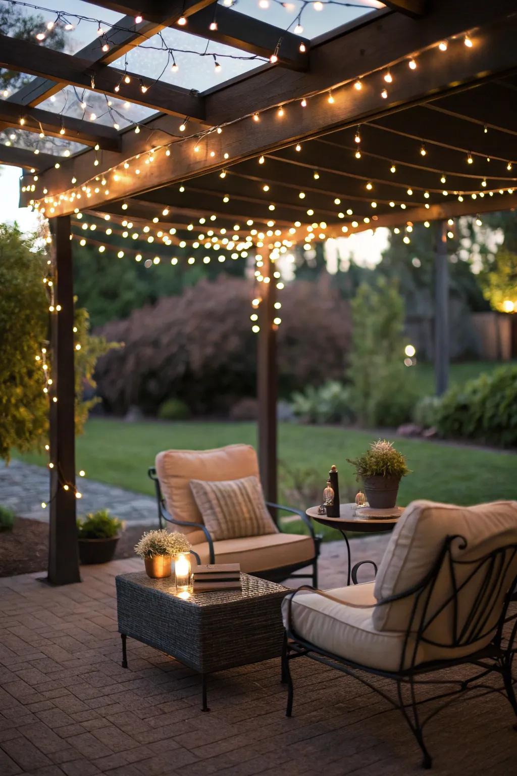 A fairy light canopy brings a whimsical touch to your patio.