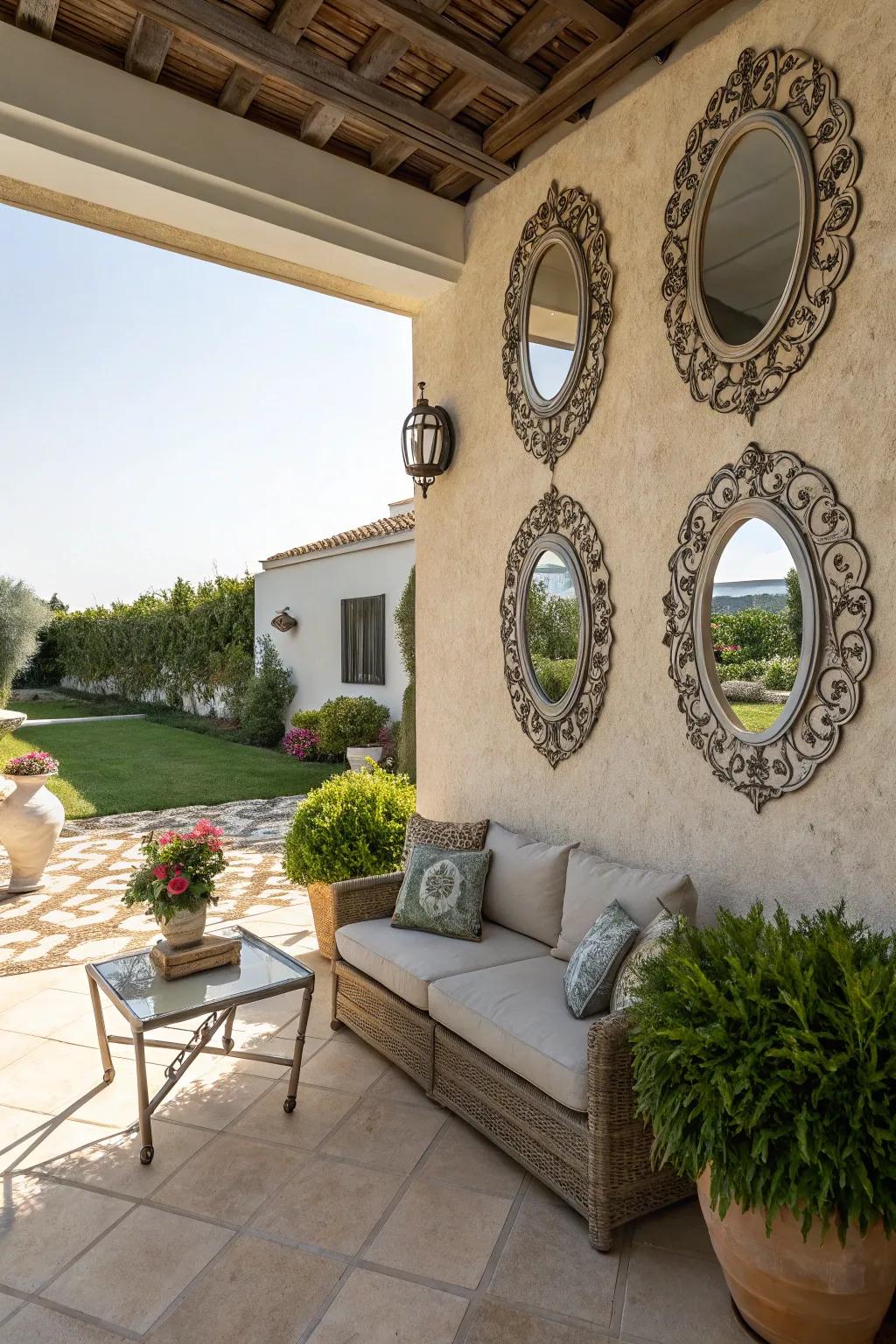 Stylish mirrors enhance light and space on the patio wall.