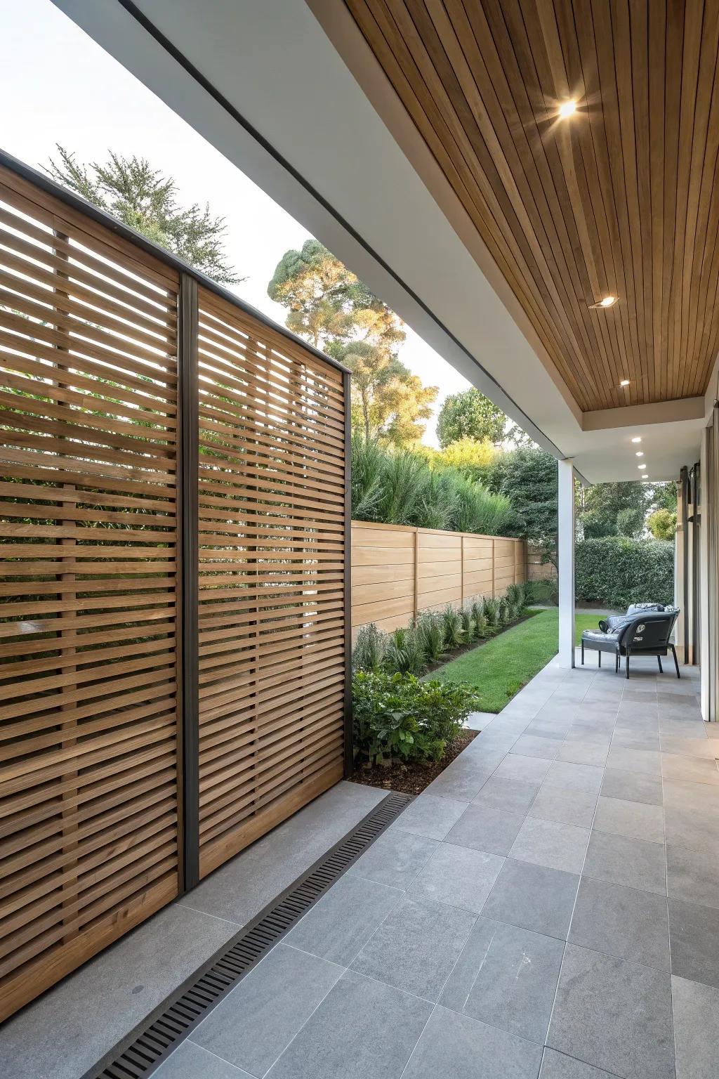A modern patio featuring a slatted wood composition.