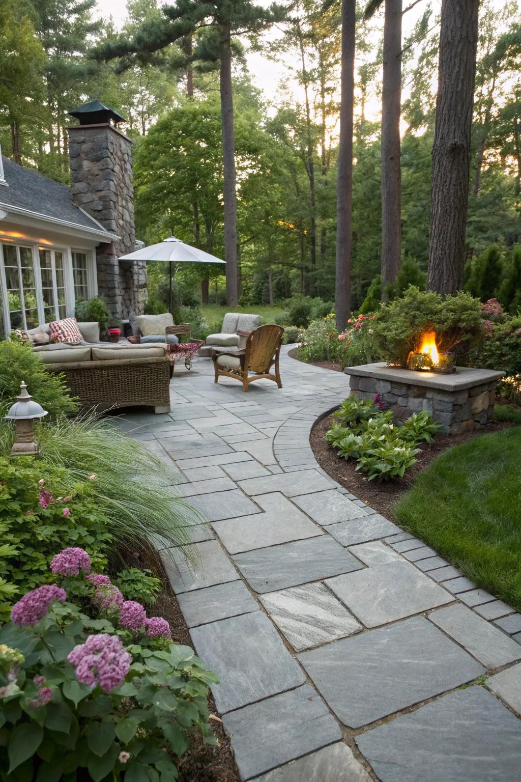 A stylish slate walkway leading to a relaxing backyard getaway.