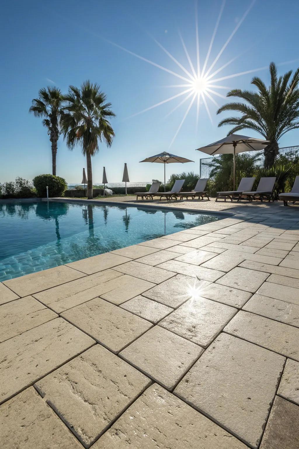 Pale-toned paving aids in maintaining a cool and pleasant pool deck.